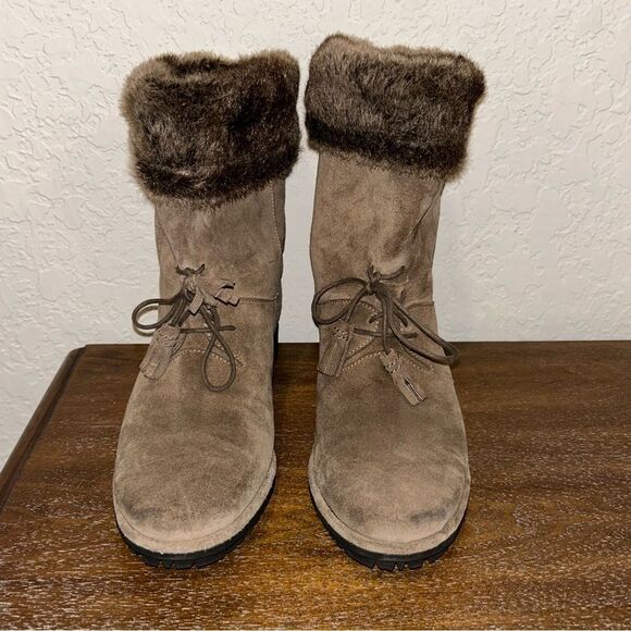 Stuart Weitzman Sockette Suede Leather Faux Fur Wedge Boot Shoes - Picture 5 of 12